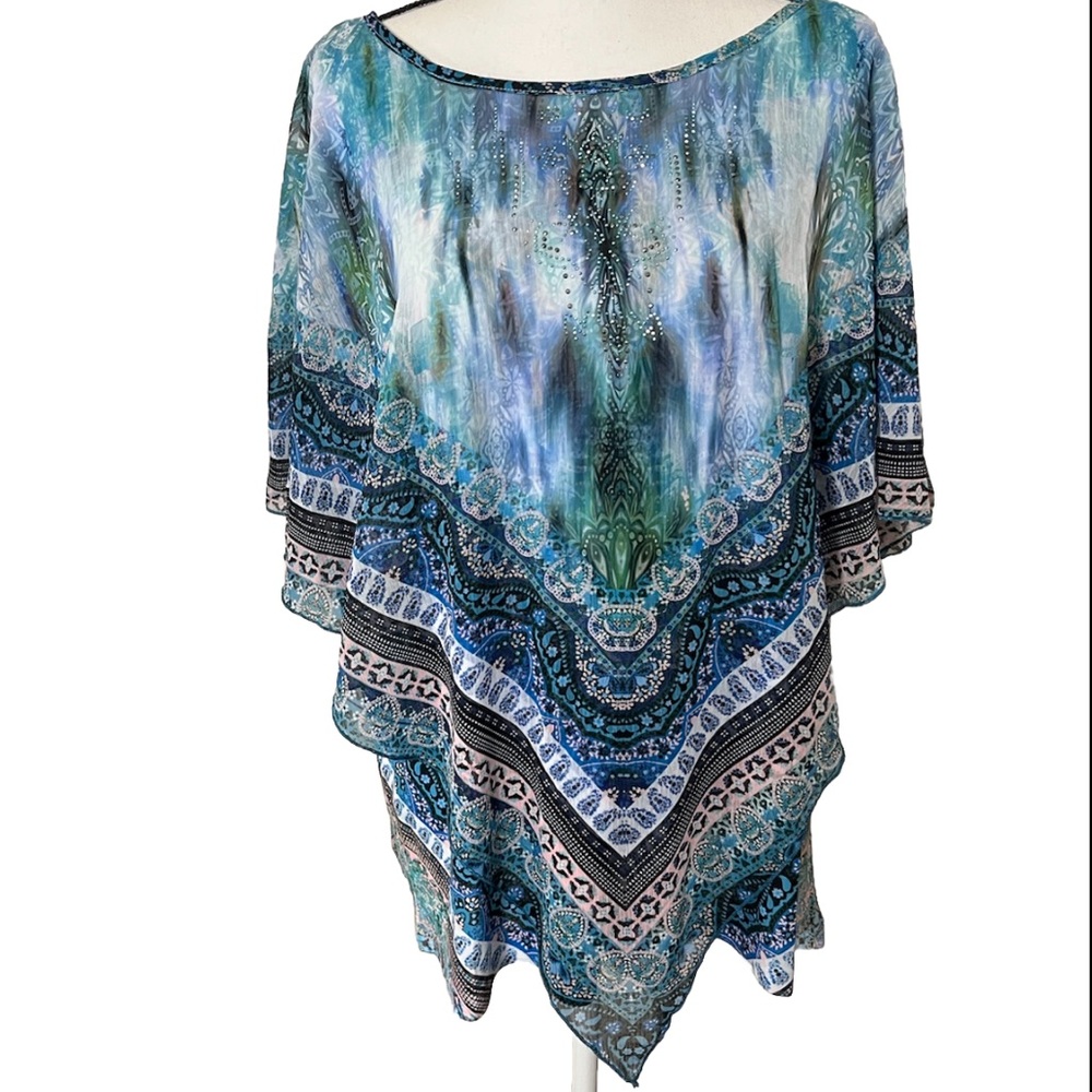 Avenue Mira Boho Print Overlay 18/20 Tunic Top plus sized / layered / beaded